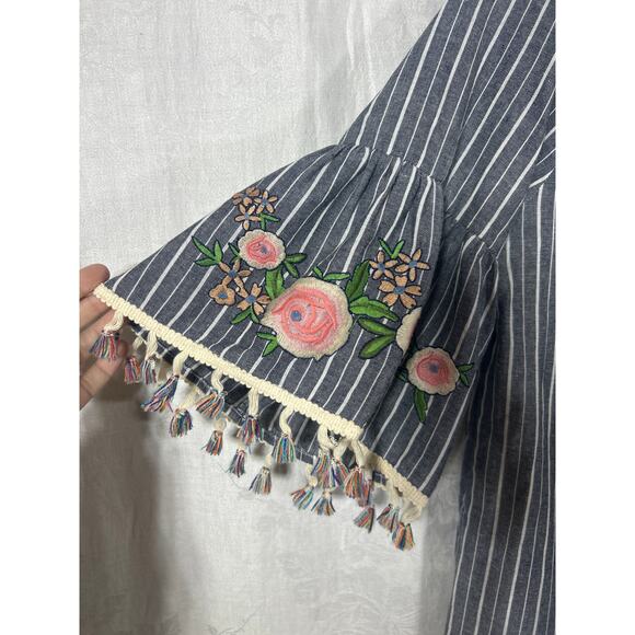 Oddy Shift Dress 3XL NEW Gray White Striped Embroidered Fringe Tassels - Picture 3 of 10